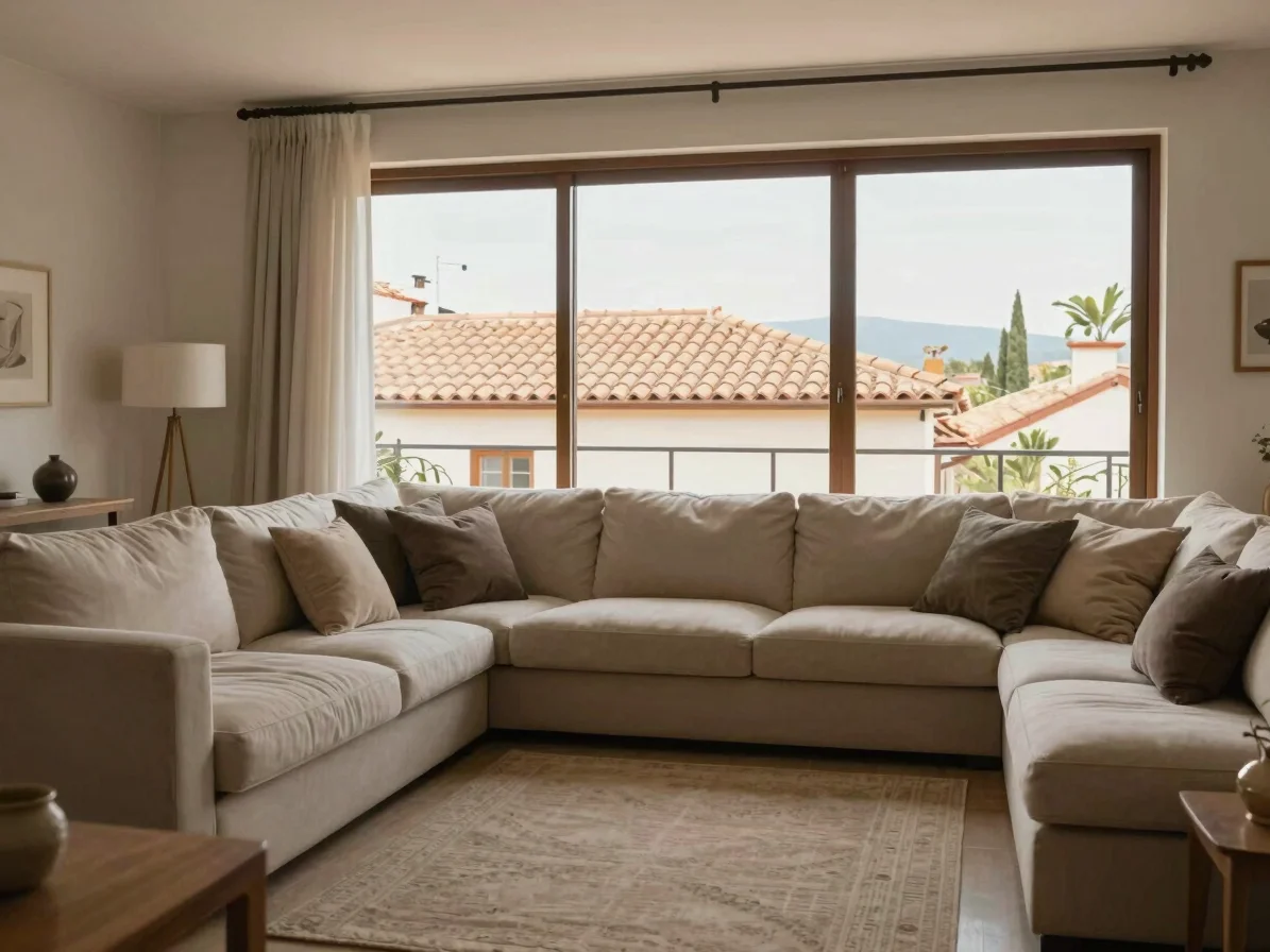 Editorial real estate photograph of a calm sunlit living room wit