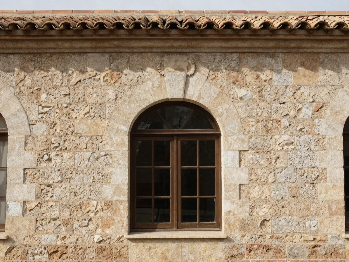 Editorial real estate photograph of a stone facade detail with ar