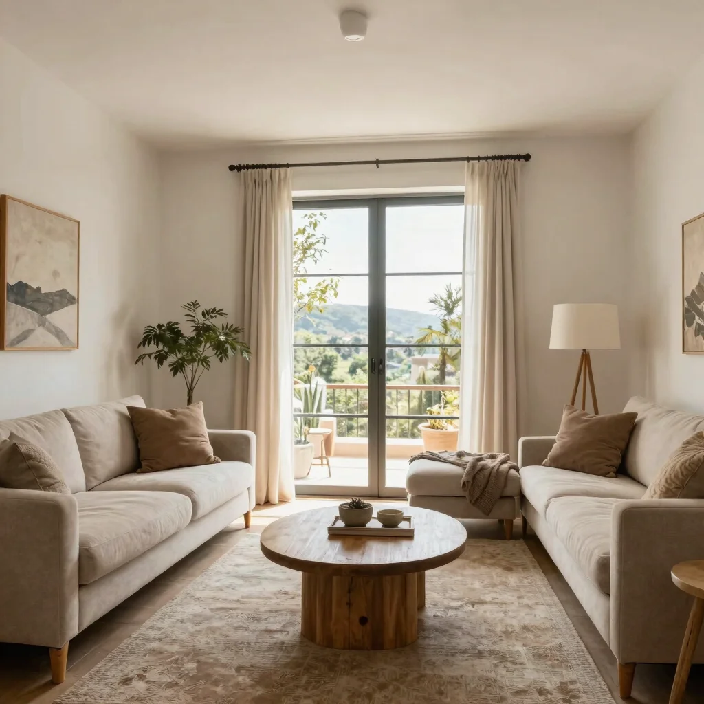 Editorial real estate photograph of a bright living room with nat