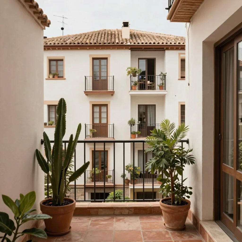 Editorial real estate photograph of a sunlit apartment balcony wi
