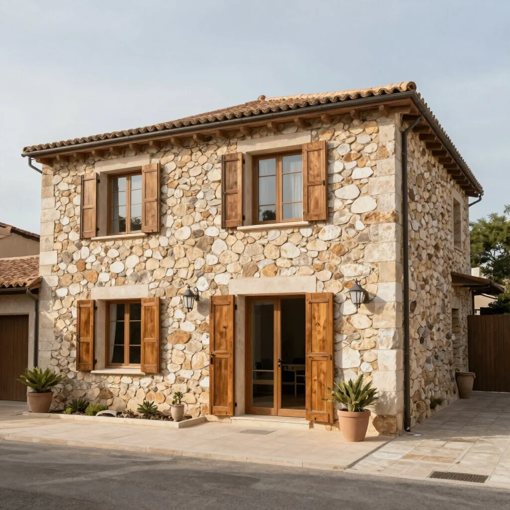 Editorial real estate photograph of a stone-walled exterior of a