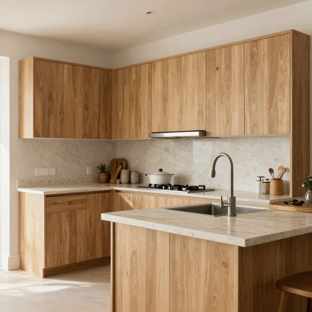 Editorial real estate photograph of a modern kitchen with light o
