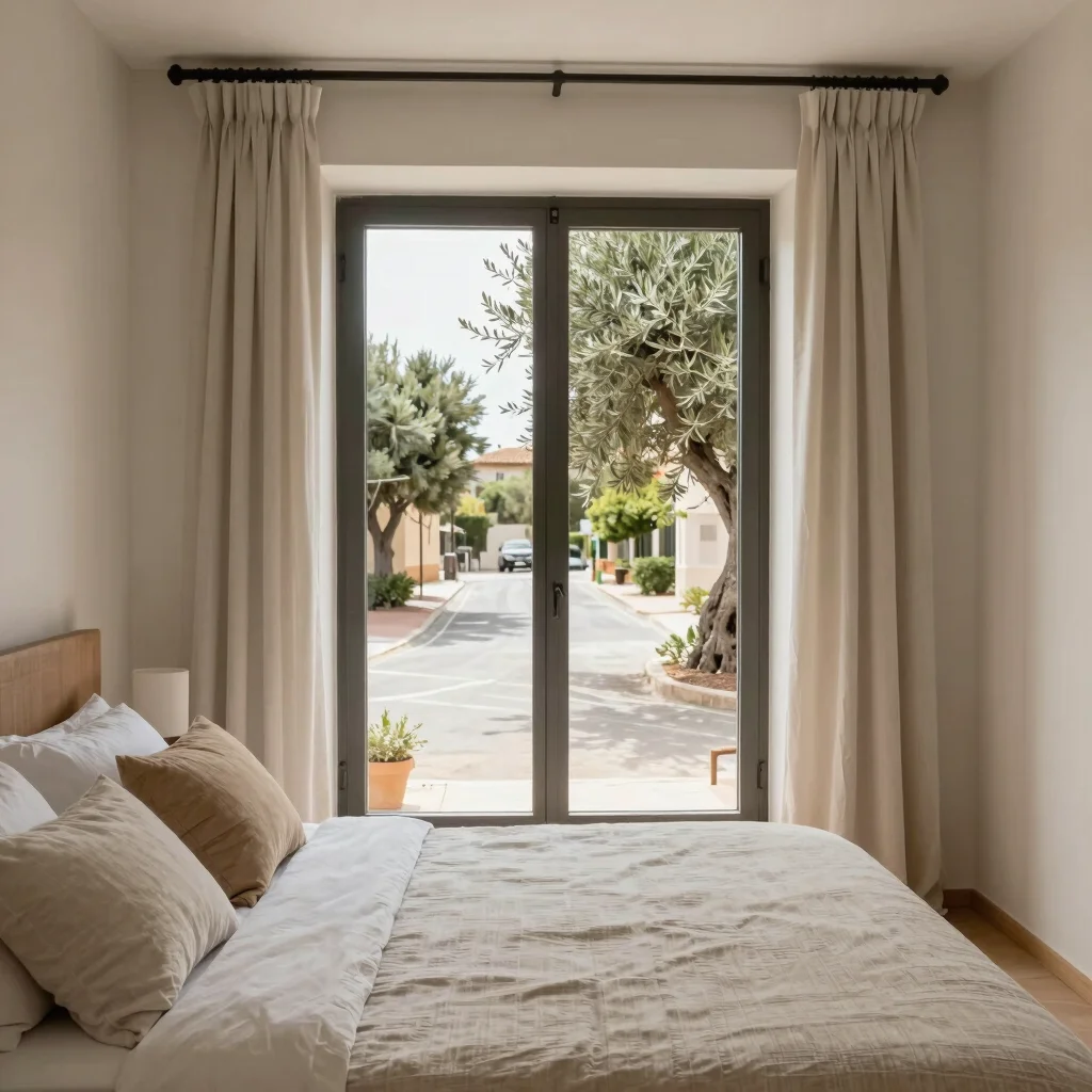 Editorial real estate photograph of a bedroom with linen textiles